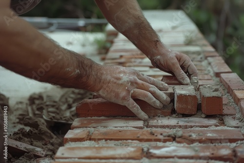 Careful hands align red bricks with precision, crafting a sturdy wall that reflects traditional masonry skills and dedication to detail.