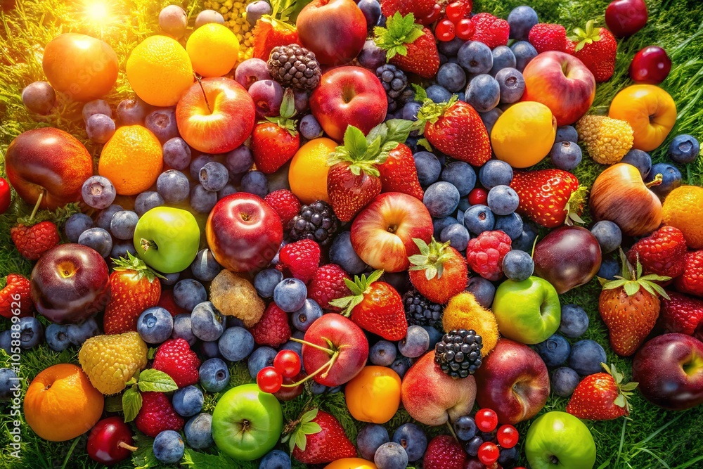Aerial View of Vibrant Fruit and Berry Medley - Drone Photography Aerial View of Vibrant Fruit and Berry Medley - Drone Photography