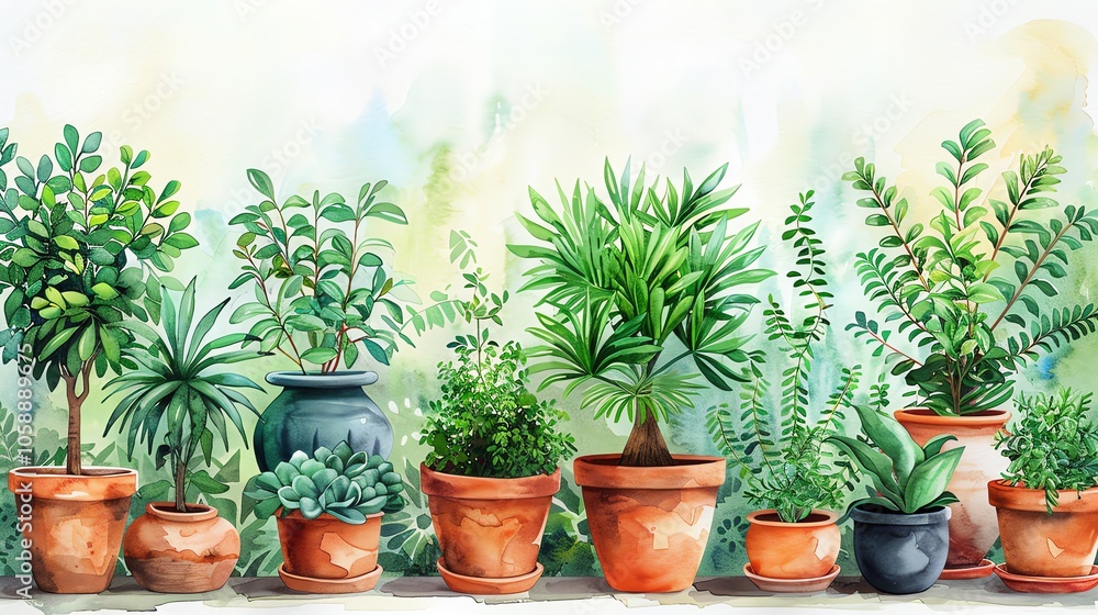 A watercolor illustration of a row of potted plants against a blurred background. A watercolor illustration of a row of potted plants against a blurred background.