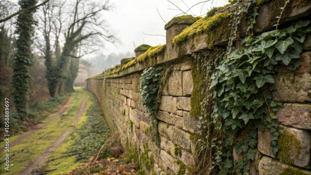 Ancient stone wall with moss-covered stones and overgrown ivy, ivy, earthy tone, foliage, moss Ancient stone wall with moss-covered stones and overgrown ivy, ivy, earthy tone, foliage, moss