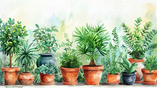 Fototapeta Naklejka Na Ścianę i Meble -  A watercolor illustration of a row of potted plants against a blurred background.