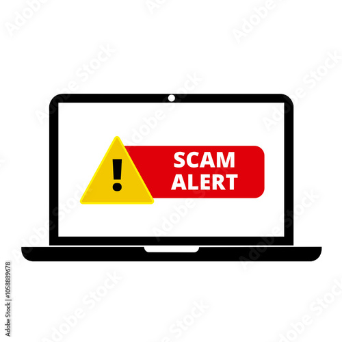 Photography Yellow and red scam alert signs on the screen of a laptop on a white background