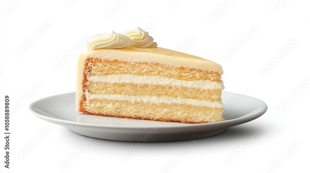 Delicious slice of layered vanilla cake with creamy frosting on white plate Delicious slice of layered vanilla cake with creamy frosting on white plate