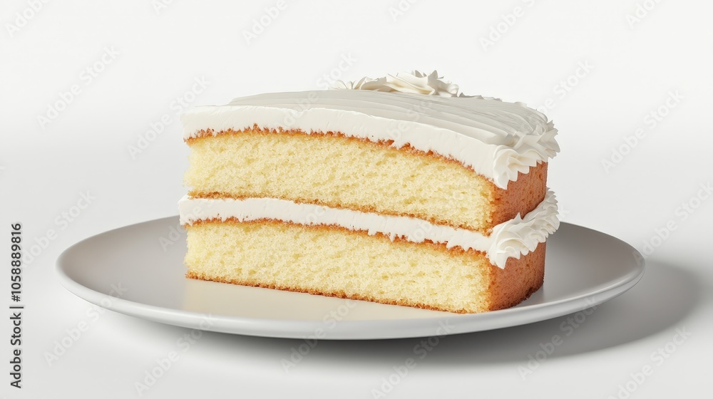 Delicious vanilla sponge cake with creamy frosting on a white plate Delicious vanilla sponge cake with creamy frosting on a white plate