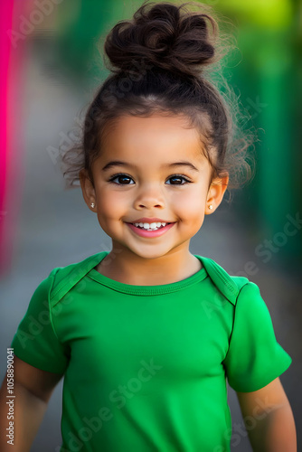 Cheerful African girl with bun hair in green shirt plays on a colorful playground, experiencing the thrill of outdoor fun and physical activity.