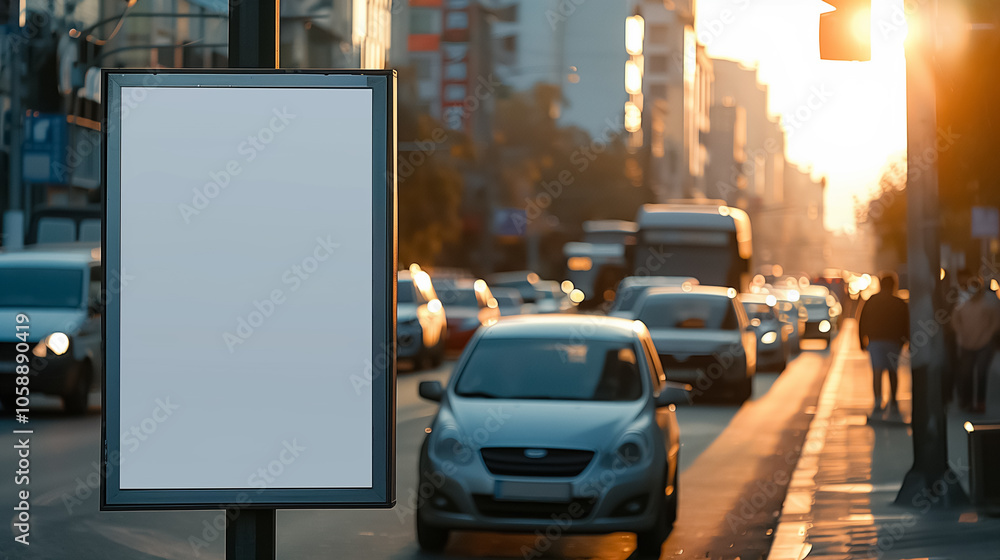 Nightfall in the city with mockup poster and busy traffic atmosphere. Nightfall in the city with mockup poster and busy traffic atmosphere.