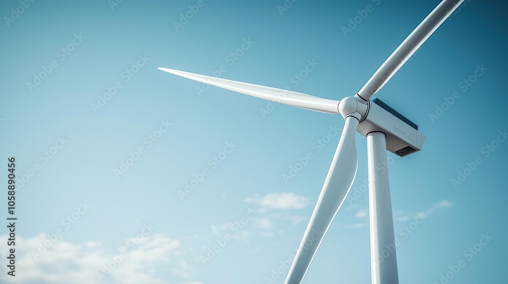 Wind turbine against a clear sky, showcasing renewable energy technology. Wind turbine against a clear sky, showcasing renewable energy technology.