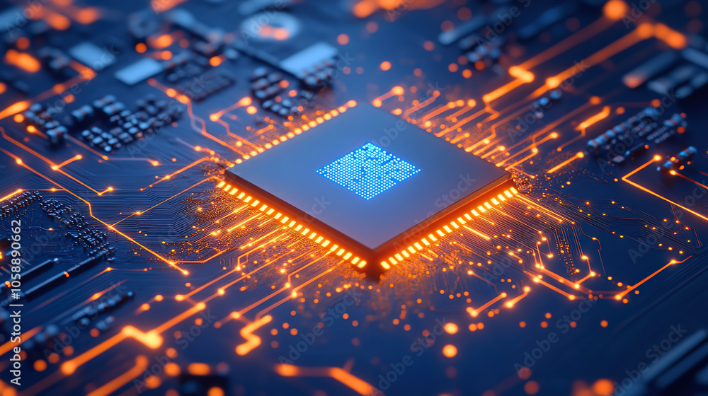 Futuristic Microchip with Orange and Blue Light on Circuit Board Futuristic Microchip with Orange and Blue Light on Circuit Board