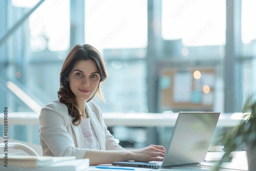 Businesswoman working in office environment, using laptop computer on desk. Businesswoman working in office environment, using laptop computer on desk.