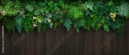 Lush Greenery Border on Dark Wooden Plank Background