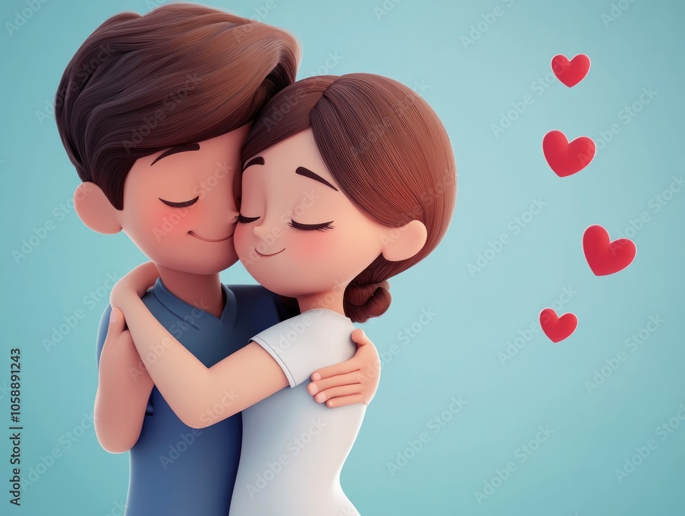 Cuddling cartoon characters enjoying a tender moment together. Cuddling cartoon characters enjoying a tender moment together.