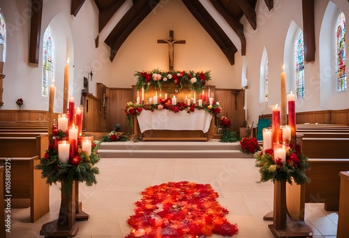 The altar is Mexican, decorated with flowers and candles for the celebration. photo