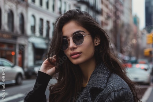 A stylish woman in sunglasses stands confidently on a bustling city street, exuding urban charm.