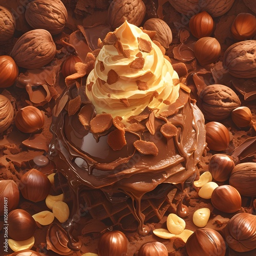 Poster Product Chocolate, Hazelnut and Cream Dessert. Illustration background for presentation  photo