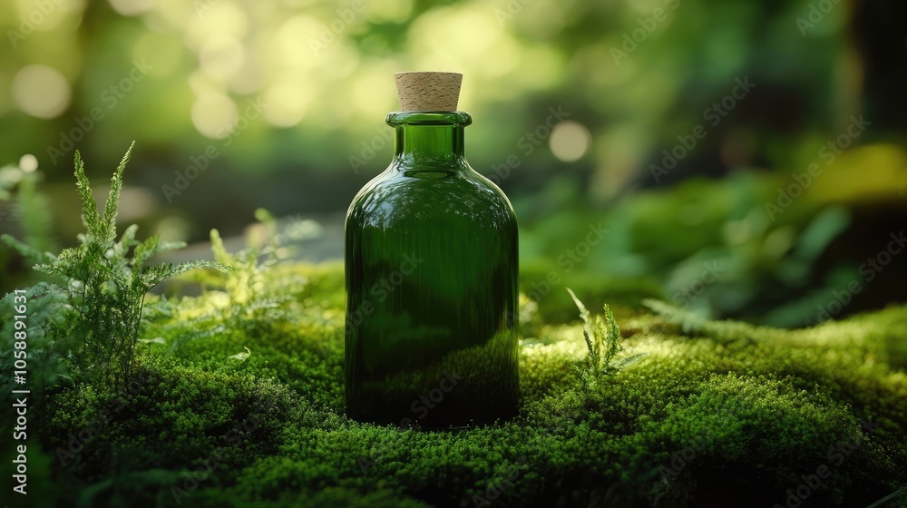 Nature-inspired green bottle with a wooden cork set against a mossy background, emphasizing the beauty of the green bottle amidst the natural elements, with space for text. Nature-inspired green bottle with a wooden cork set against a mossy background, emphasizing the beauty of the green bottle amidst the natural elements, with space for text.