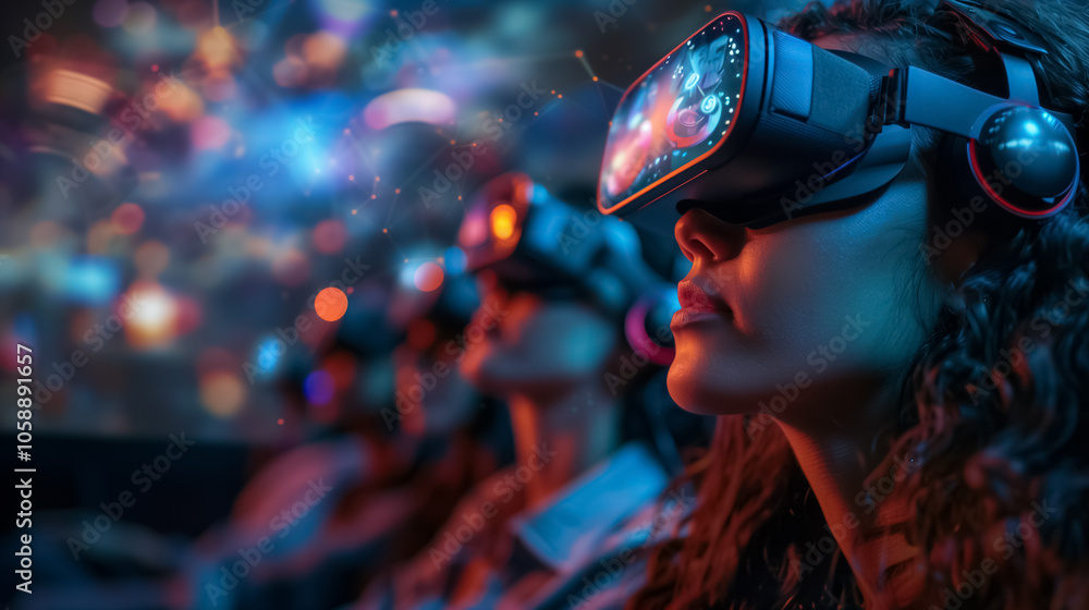 Group of Individuals in a VR Cinema Watching a Movie with Interactive Visuals and VR Goggles Group of Individuals in a VR Cinema Watching a Movie with Interactive Visuals and VR Goggles