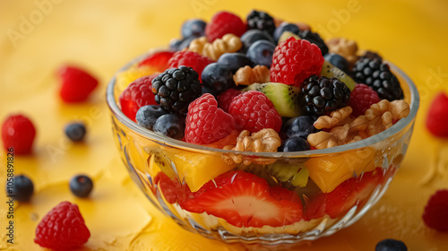 Glass Bowl of Topping Fruits Yogurt Dessert on Vibrant Yellow Background