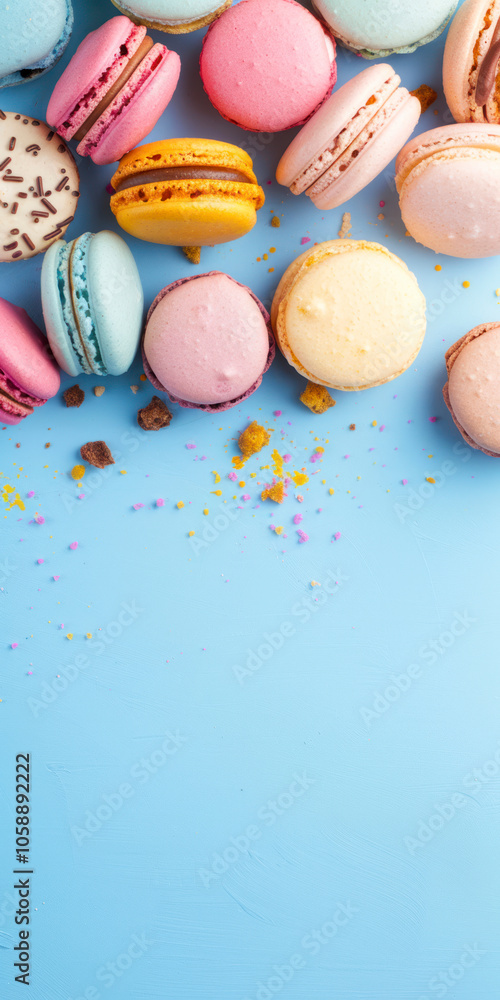 Vertical Close-up of macarons cakes of different colors in blue background. Vertical Close-up of macarons cakes of different colors in blue background.
