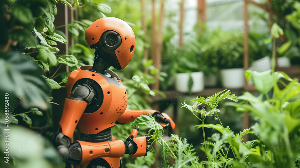 Modern Robot Farmer Touching Tomatoes in an Urban Greenhouse Modern Robot Farmer Touching Tomatoes in an Urban Greenhouse