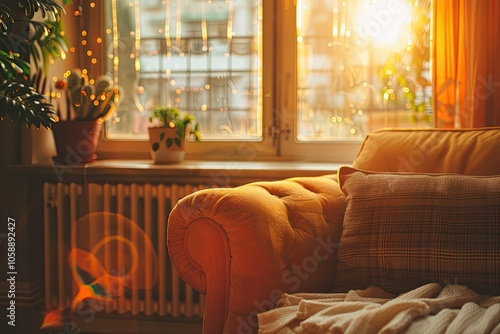 Warm-toned image focusing on a classic radiator, with texture details, against a cozy living room wall photo