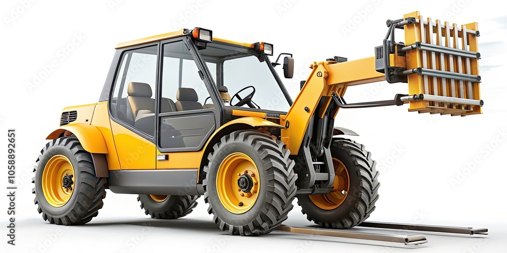 Telescopic Handler Forklift 3D Rendering on White Background with Rule of Thirds, Industrial Equipment, Heavy Machinery, Construction Vehicle, Forklift Design, Telehandler Model Telescopic Handler Forklift 3D Rendering on White Background with Rule of Thirds, Industrial Equipment, Heavy Machinery, Construction Vehicle, Forklift Design, Telehandler Model