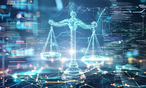 Digital Scales of Justice with Network Background