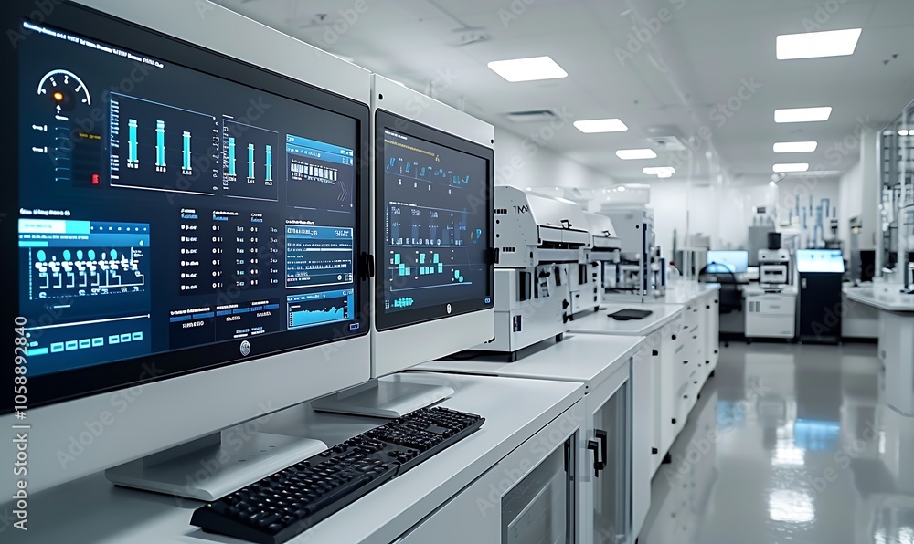 A modern laboratory featuring advanced computers and monitors displaying data analytics and graphical interfaces on sleek desks. A modern laboratory featuring advanced computers and monitors displaying data analytics and graphical interfaces on sleek desks.
