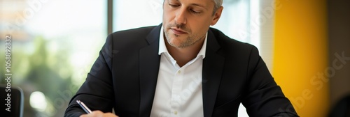 A man in a suit is writing with a pen. He is focused on his work and he is in a serious mood