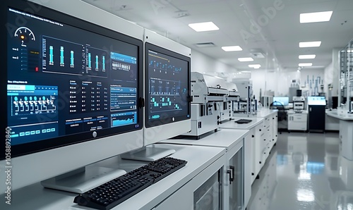 A modern laboratory featuring advanced computers and monitors displaying data analytics and graphical interfaces on sleek desks.