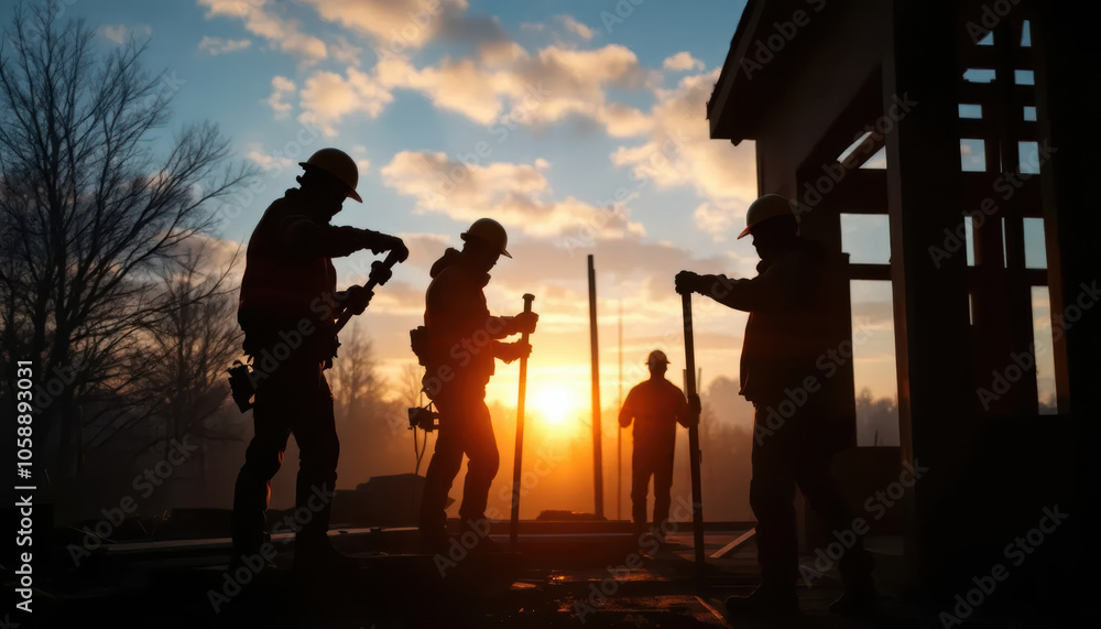 Obraz premium Early morning on the job site silhouettes against the sunrise, hot coffee steam, hard hats, men at work