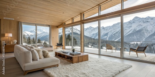 A large living room area with a panoramic view of the snow capped mountains photo