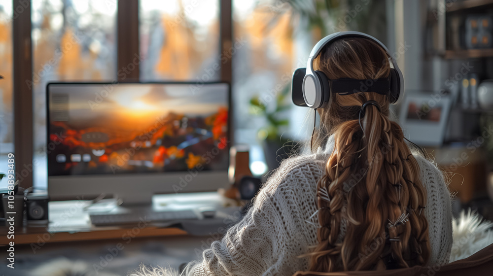 Office Environment Featuring a female Person Using VR Headset and Engaging with Augmented Reality Tech Office Environment Featuring a female Person Using VR Headset and Engaging with Augmented Reality Tech