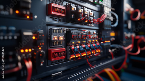 A detailed view of a power distribution panel, showcasing the essential components of electrical engineering in action