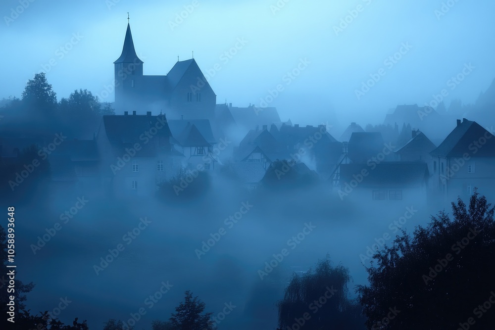A Misty European Village at Dawn with a Church Spire A Misty European Village at Dawn with a Church Spire