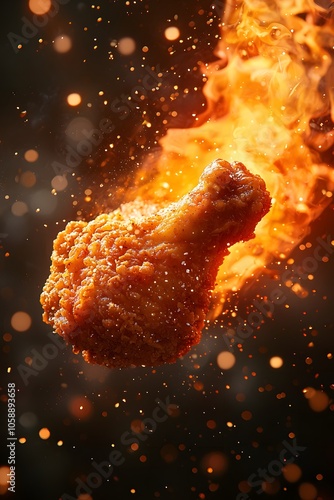 Poster Product Fried Chicken Leg on Fire. Illustration background for presentation 