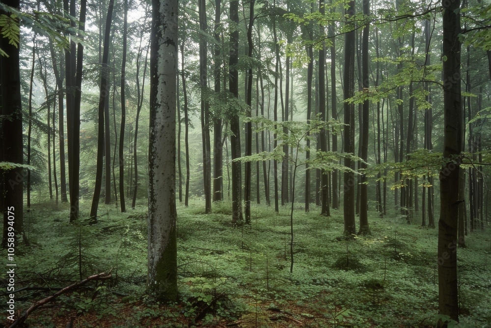 Tall, misty trees stretch towards the sky in a mystical forest, shrouded in an ethereal haze that captures the essence of enchantment. Tall, misty trees stretch towards the sky in a mystical forest, shrouded in an ethereal haze that captures the essence of enchantment.
