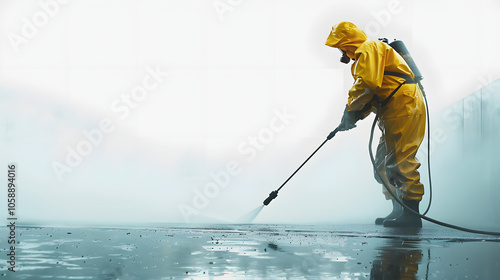 car wash worker in a uniform with a high pressure washer machine highlighted by white, space for captions, png photo