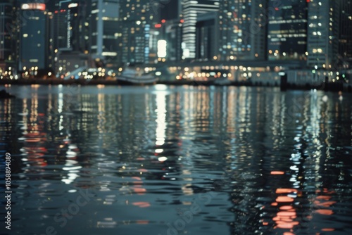 City lights shimmer on the water at twilight, beautifully blending with the darkening sky to create a mesmerizing urban nightscape. photo