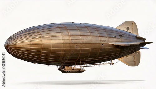 Illustration of a steampunk zeppelin balloon floating isolated centrally with plain white background. Graphic design resource with copy space and no people. Historic mode of transport
