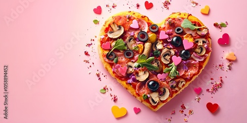 A heart-shaped pizza with various olives, mushrooms, and greens on top. The background is pink with some Valentine's Day decorations