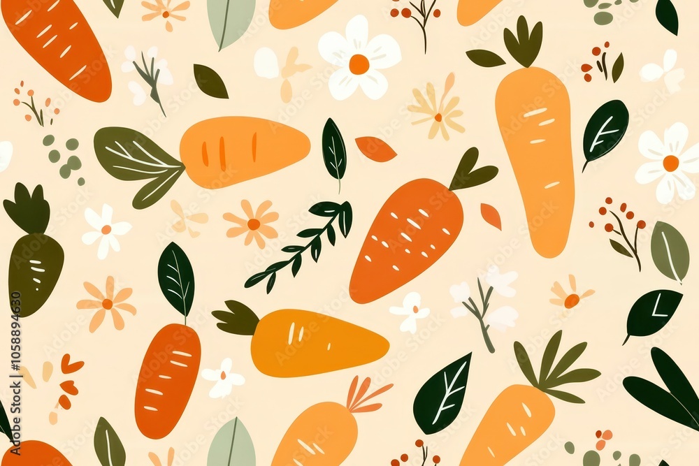 Whimsical carrot and floral pattern on a white background, perfect for spring or Easter-themed designs with a playful touch. Whimsical carrot and floral pattern on a white background, perfect for spring or Easter-themed designs with a playful touch.