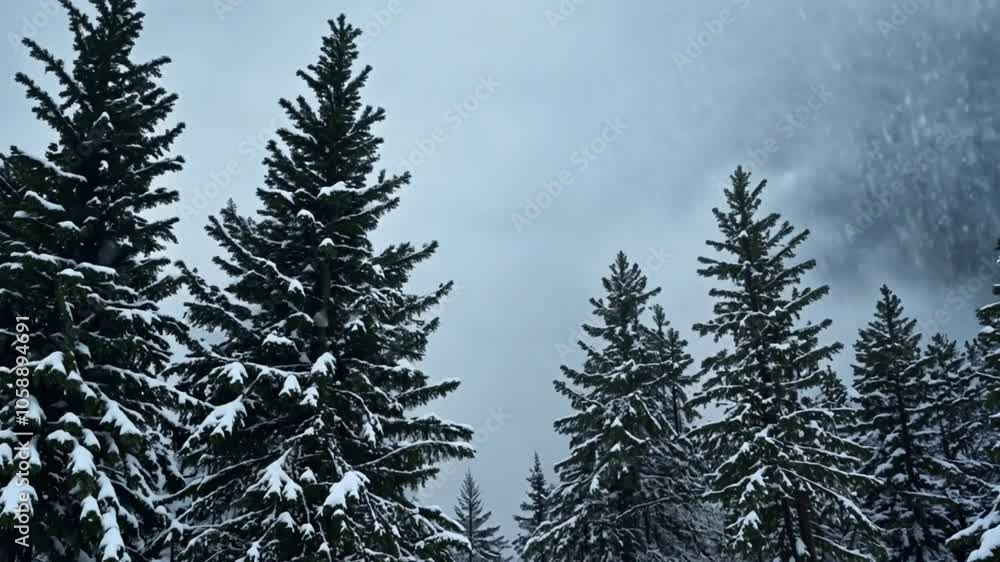 Tall evergreen trees stand in snowy, misty forest. Tall evergreen trees stand in snowy, misty forest.