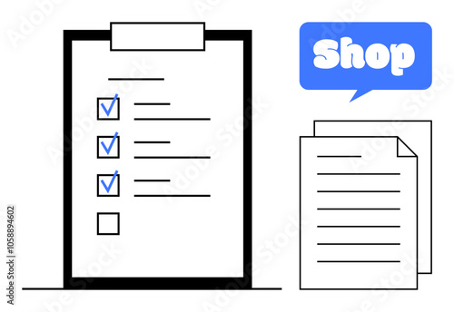 Checklist with blue checkmarks and documents next to a speech bubble with the word Shop. Ideal for business organization, inventory management, retail planning, task tracking, and workflow