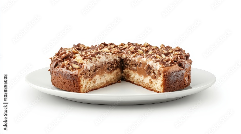 Delicious chocolate hazelnut cake on white plate with slice removed Delicious chocolate hazelnut cake on white plate with slice removed