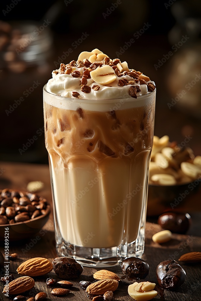 Poster Product Iced Coffee with Whipped Cream and Nuts. Illustration background for presentation Poster Product Iced Coffee with Whipped Cream and Nuts. Illustration background for presentation