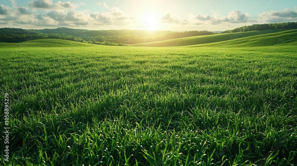 Fototapeta premium natural grass field shines under soft sunlight, creating a serene outdoor wallpaper, lush and vibrant green, perfect for conveying tranquility and the beauty of the outdoors