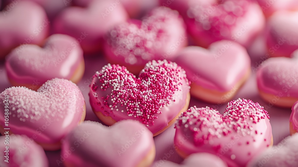 Obraz premium The pink doughnuts in heart shapes with white glaze and small sugar sprinkles on top