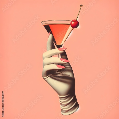 a vintage retro female hand holding a cocktail isolated on a plain background, 1960s and 70s style
