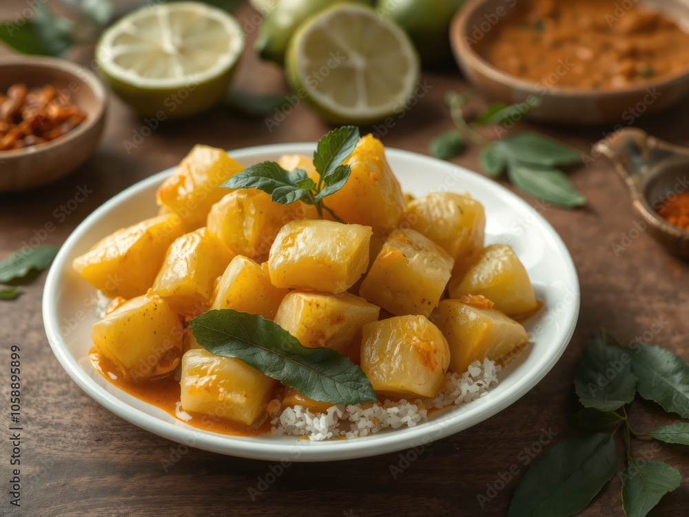 A plate of cooked taro roots garnished with fresh herbs and spices sits on a rustic wooden table, accompanied by lime and condiments. A plate of cooked taro roots garnished with fresh herbs and spices sits on a rustic wooden table, accompanied by lime and condiments.