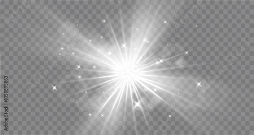 Light star, white. Light sunny gold. White light flash. Vector illustrator. lighting effects. Beam from a spotlight and a star with bokeh and dust. Glowing abstract isolated lenses with light effects.